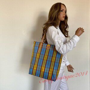 NWT Tory Burch 146431 Emerson Mesh NS Market Tote Miami Vacation Beach Plaid Bag
